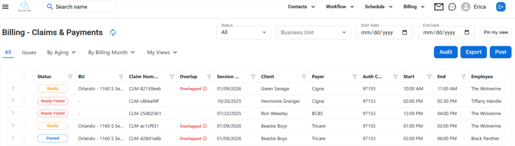 billing and claims screen